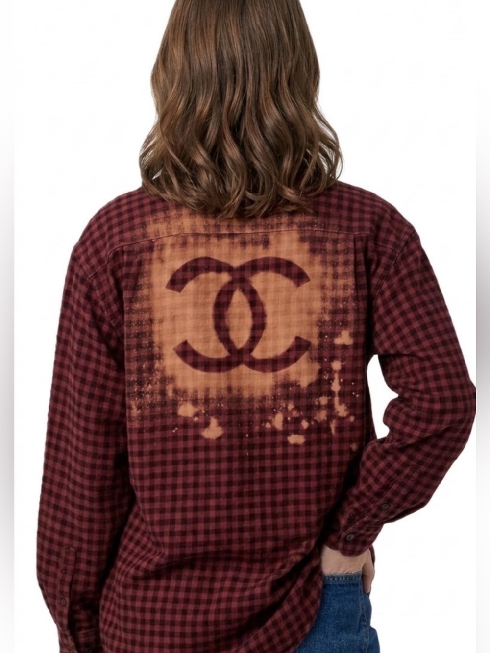 Upcycled “Chanel” Plaid Button-Up Flannel Shirt with Chanel Logo Detail